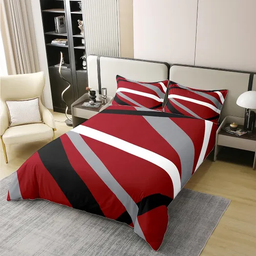 Vista 8 de Juego de funda de edredón moderna abstracta 100% algodón, tamaño individual, para niños, rojo, gris, negro, geométrico, juego de ropa de cama