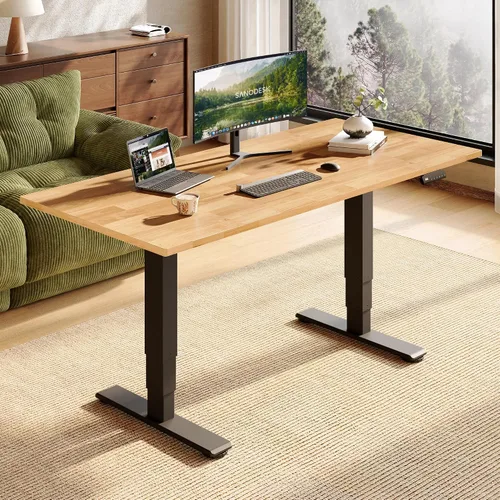 Vista 16 de SANODESK Escritorio de pie de madera maciza de caucho con motor dual 48"x24 Mesa natural + marco blanco