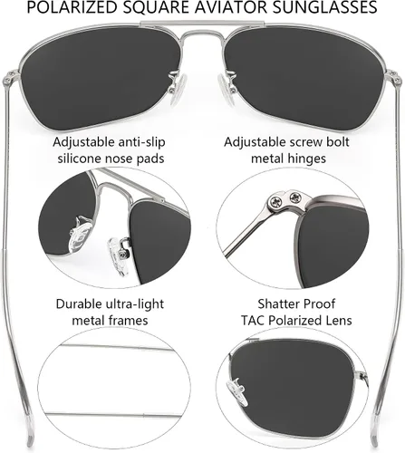 Vista 4 de Lentes de sol cuadrados de aviador para mujeres y hombres, polarizados, militares, cuadrados, clásicos, vintage, de metal