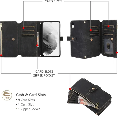 Vista 2 de UEEBAI Funda para iPhone XR, 9 ranuras para tarjetas, cartera de cuero retro, a prueba de golpes, con correa de mano, ranuras para tarjetas Negro