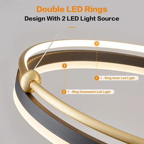 Vista 2 de Benkut Lámpara colgante LED moderna D24 pulgadas, color negro dorado, lámpara LED circular regulable, 1 anillo con control remoto, luz colgante
