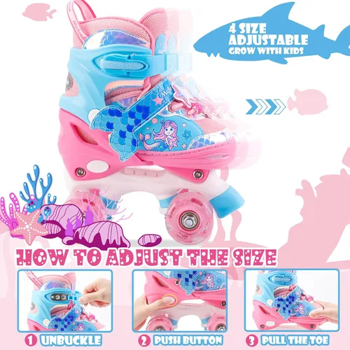 Vista 4 de Patines de Sirena para Niñas, MoSoulais 4 Tamaños Ajustables con Ruedas Iluminadas para Niños Pequeños, Patines para Mujeres Principiantes