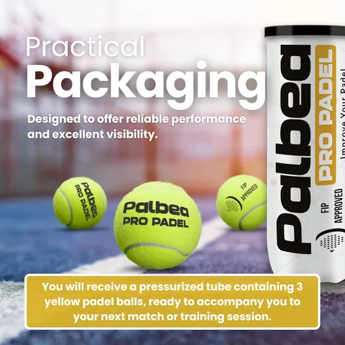 Vista 7 de Palbea PRO Padel Balls. 6/12/24 Tubes of 3 Padel Tennis Balls FIP Approved. Paddle Balls Made of HV Felt for Training and Tournament. Suitable for