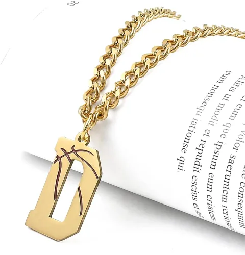 Vista 2 de Collar con dije de inicial de baloncesto A-Z, collar de cadena de eslabones cubanos de acero inoxidable para niños, hombres y mujeres, colgante