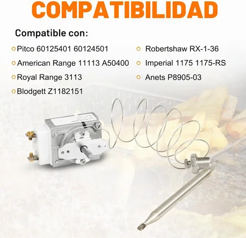 Vista 2 de 60125401 Termostato para freidora con interruptor de perilla, termostato Millivolt RX-1-36, caja de cosas Mpt de 1/4 pulgadas compatible con Pitco