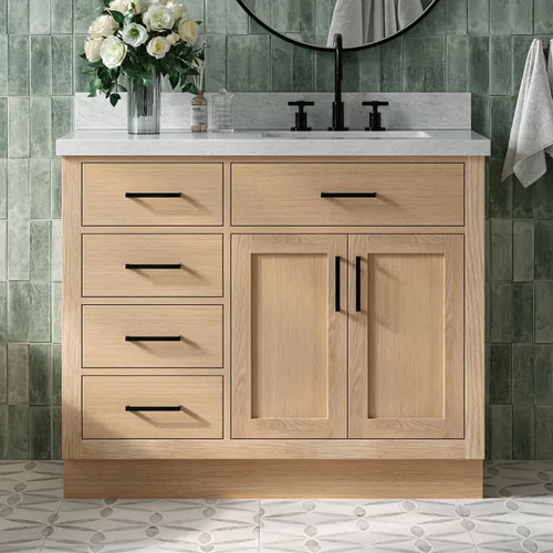 Vista 19 de DKB Bradford - Mueble de baño individual negro de 42 pulgadas con fregadero rectangular, encimera de mármol italiano de carrara con borde de 1.5