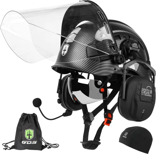 Vista 9 de Casco de seguridad para motosierra forestal GREEN DEVIL con orejeras Bluetooth Casco de arborista Casco duro con visera incorporada Protector facial