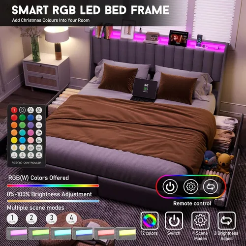 Vista 4 de UINTAI Marco de cama tamaño completo con cabecero y 4 cajones de almacenamiento, cama de plataforma metálica tapizada con respaldo abatido y luces