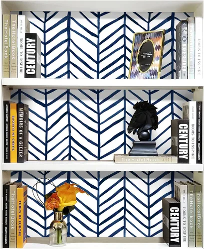 Vista 4 de HAOKHOME Papel tapiz azul marino para despegar y pegar, diseño moderno a rayas para baño, decoración extraíble de espiga de 17.7 pulgadas x 9.8 pies