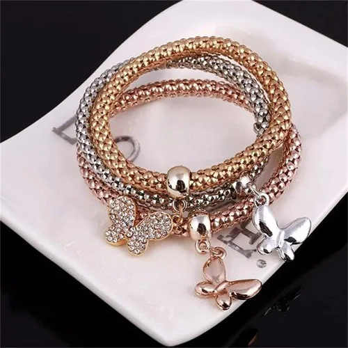 Vista 6 de SILANER Pulseras multicapa con dijes de cristal, 3 unidades, oro y plata, oro rosa, pulsera elástica en forma de corazón para mujer, árbol de la vida