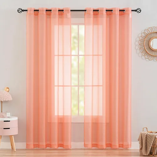 Vista 10 de 2 paneles de cortinas traslúcidas coral para dormitorio de 63 pulgadas de largo, cortinas semitraslúcidas con ojales para sala de estar, cortinas