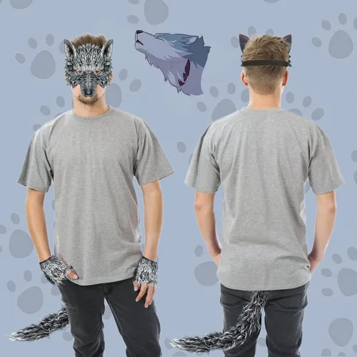 Vista 4 de Exlinonline Disfraz de lobo de hombre lobo para mujeres, hombres, adultos y niños con orejas de lobo grandes y malas, guante y máscara para Halloween
