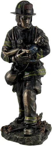 Vista 2 de Estatua de bronce metálico para niños, bombero, 11 pulgadas de alto Resina fundida en frío, detalles pintados a mano, 5 pulgadas. Largo, 5