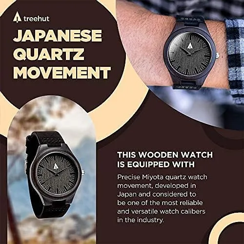 Vista 7 de treehut Reloj de madera de ébano para hombre con correa de cuero negro genuino..., Negro Natural 4, Reloj de cuarzo