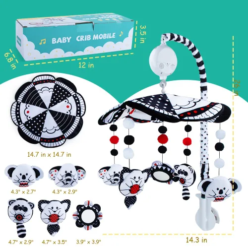 Vista 8 de Móvil para cuna de bebé, móvil con espejo, juguete de alto contraste en blanco y negro, recién nacidos, niños y niñas, juguetes giratorios