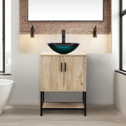 Vista 19 de UEV Juego de tocador de baño antiguo de 24 pulgadas, color marrón oscuro con lavabo, armario de baño de madera de hierro con grifo de temperatura