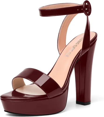 Vista 8 de SHOWFOREST Sandalias de tacón alto para mujer, con hebilla de plataforma y hebilla de charol y correa de tobillo de bloque sólido, 5 pulgadas Beige