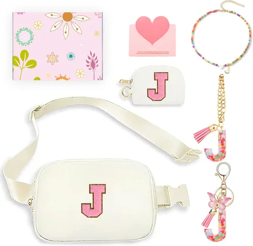Vista 15 de Regalos de moda para niñas adolescentes, cangurera con monograma para niña con llavero, collar, dijes de taza, tarjeta de felicitación y caja
