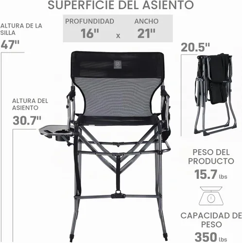 Vista 3 de EVER ADVANCED Silla alta de textileno para campamento, silla de directores de malla, taburete de bar plegable alto con mesa auxiliar