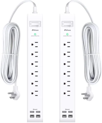 Vista 10 de Paquete de 2 regletas protectoras contra sobretensiones, 6 tomas, 4 puertos USB (2 USB C) cables de extensión de 5 pies de largo, tira de salida
