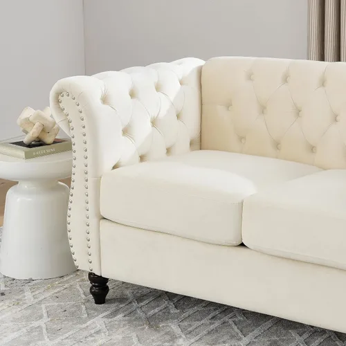 Vista 6 de Sofá Chesterfield de terciopelo beige de 80 pulgadas para sala de estar, 2 piezas, sofá de 3 plazas, con botones copetudos, respaldo curvado, brazos