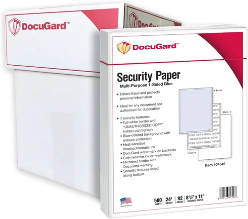 Vista 8 de DocuGard Papel de seguridad multiusos azul estándar, prevención de fraudes, 2 características de seguridad, compatible con impresoras láser