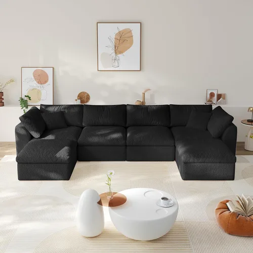 Vista 26 de Sofá modular de nube sin hueso de 108 pulgadas con asiento profundo para sala de estar, sofá en forma de L con otomana, tela de copo de nieve y Negro
