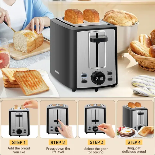 Vista 5 de SEEDEEM Tostadora de 2 rebanadas, tostadora de pan con pantalla LCD, 7 ajustes de sombra, tostadora de ranuras extra anchas de 1.4 pulgadas