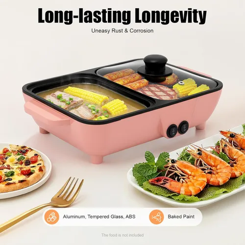 Vista 2 de Olla caliente eléctrica de 1200 W con parrilla, 2 en 1 antiadherente mini Shabu Shabu barbacoa sartén de 110 V olla de cocina de mesa con doble