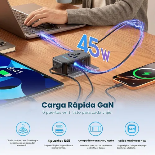 Vista 5 de Adaptador de viaje universal ultrafino Aura 45W 6 en 1 para hogar y Negro medianoche