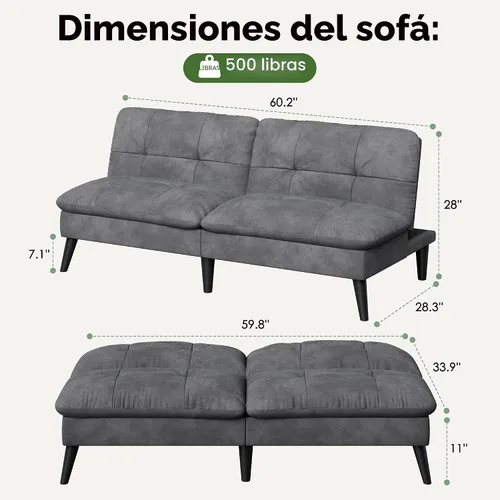 Vista 2 de Vongrasig Sofá cama pequeño futón de terciopelo con respaldo ajustable, sofá cama plegable convertible, sofá cama moderno para sala de estar