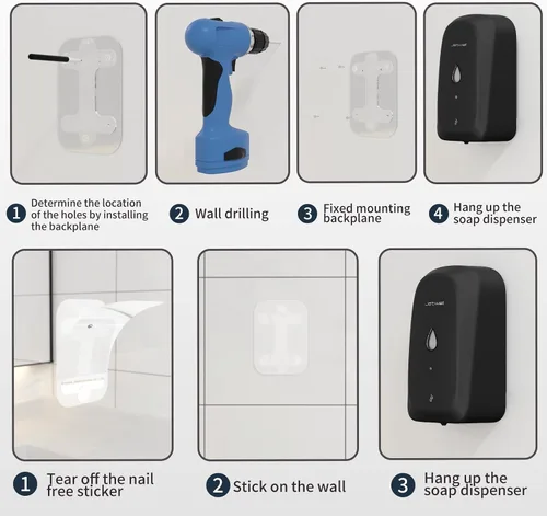 Vista 8 de JETWELL Dispensador automático de jabón de manos sin contacto para montaje en pared, funciona con pilas, cubierta de acero inoxidable negro mate