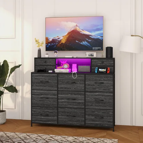Vista 2 de Cómoda negra con estación de carga y luces LED de 13 cajones, cómodas para dormitorio, cómodas largas y baúles de cajones para sala de estar