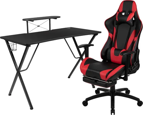 Vista 14 de Flash Furniture Juego de escritorio para juegos negro y silla de carreras blanco/negro con soporte para tazas, gancho para auriculares y soporte