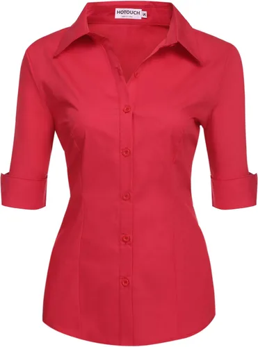 Vista 14 de HOTOUCH Camisa de manga 3/4 con botones para mujer, blusas de trabajo ajustadas, camisas de vestir de algodón, camisas de oficina Negro