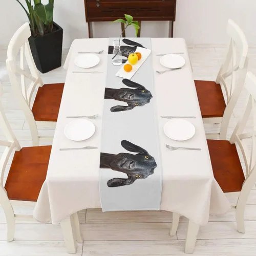 Vista 2 de Moslion Camino de mesa de cabra negra, lindo y divertido animal, cabeza humorística, ojos amarillos, decoración de camino de mesa para cocina