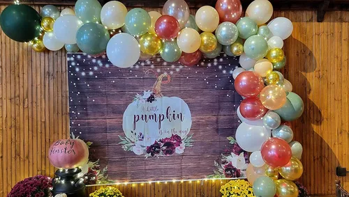 Vista 2 de Avezano Telón de fondo rústico de calabaza para baby shower, decoración de otoño con diseño floral de calabaza para baby shower, accesorios