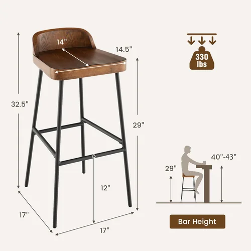 Vista 3 de COSTWAY Juego de 4 taburetes de bar industriales de 29 pulgadas con respaldo bajo y reposapiés, patas de metal, silla de altura de mostrador