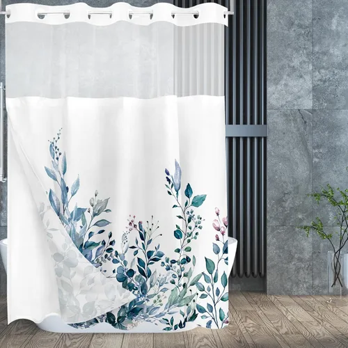 Vista 127 de Tititex - Juego de cortinas de ducha de eucalipto negro, hojas de acuarela gris en la parte superior, con decoración floral de baño, 60 x 72