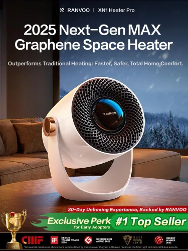 Vista 2 de RANVOO Calentador de espacio de grafeno, pequeño calentador eléctrico portátil para uso en interiores con flujo de aire caliente, 10 veces seguro