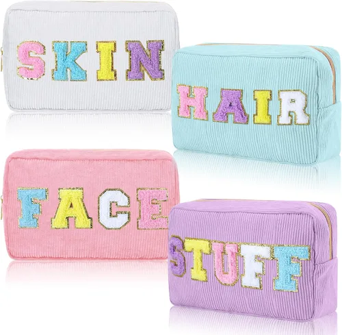 Vista 16 de Pinkunn 4 Piezas Bolsas de Maquillaje Preppy Bolsas de Chenilla con Letras de Viaje Organizador Facial Piel Cabello Higiene Cosmética Bolsa de Aseo