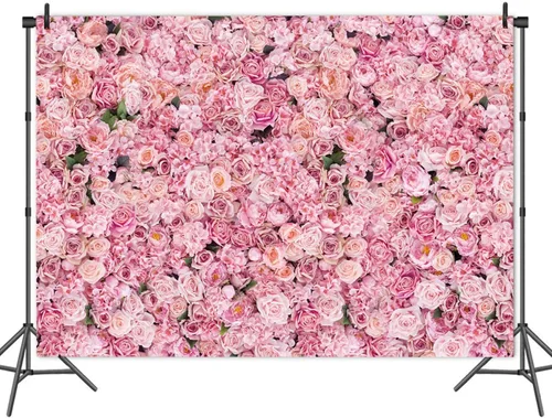 Vista 2 de CGXINS Fondo de fotografía de pared de rosas rosas de 8 x 6 pies, fondo de fotografía de flores rosas para niñas, fiesta de cumpleaños, boda