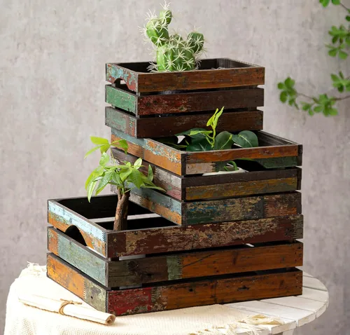 Vista 11 de TIMRIS Juego de 3 cajas de madera rústica envejecida anidables, cajas de almacenamiento de madera decorativas de estilo granja, cestas de madera