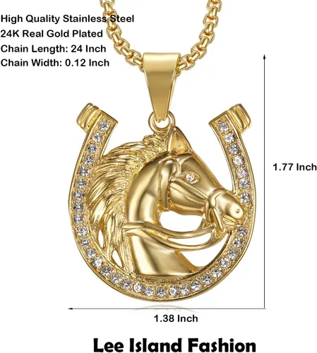 Vista 6 de Collar de acero inoxidable con colgante de caballo de animal de la suerte, cadena de 24 pulgadas, hip hop, herradura, regalo de joyería