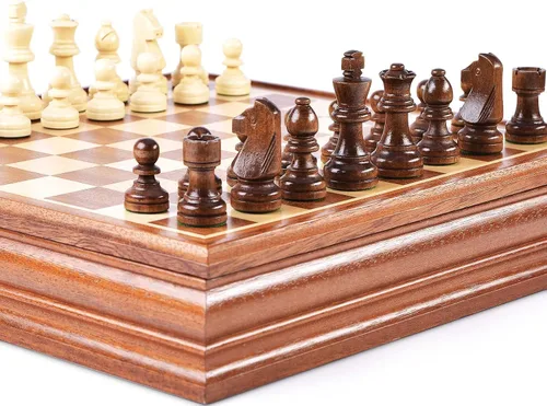 Vista 2 de VAMSLOVE Juegos de mesa de ajedrez y damas para adultos, tablero de madera de lujo de 15 pulgadas con caja de almacenamiento, tamaño grande clásico