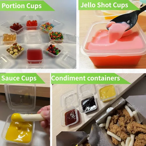 Vista 8 de Recipientes de 3.4 fl oz y 2 onzas con tapas (paquete de 200), pequeños recipientes de plástico para condimentos con tapas, vasos de gelatina, tazas
