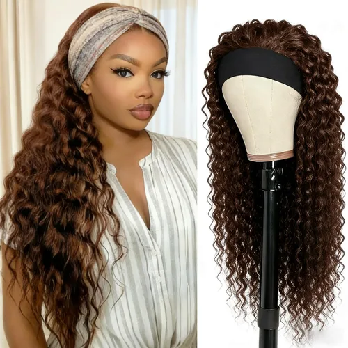 Vista 20 de XSY: Peluca de diadema de cabello humano de onda profunda sin pegamento, sin encaje frontal, peluca de diadema rizada, lista para usar y llevar