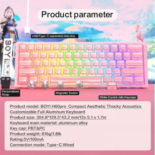 Vista 7 de BOYI H60Pro Magnetic Switch Gaming Keyboard,60% Hollow Aluminum Hall Effect Rapid Trigger Hot-Swap 8K Polling Rate 0.01mm RT RGB Wired Mechanical