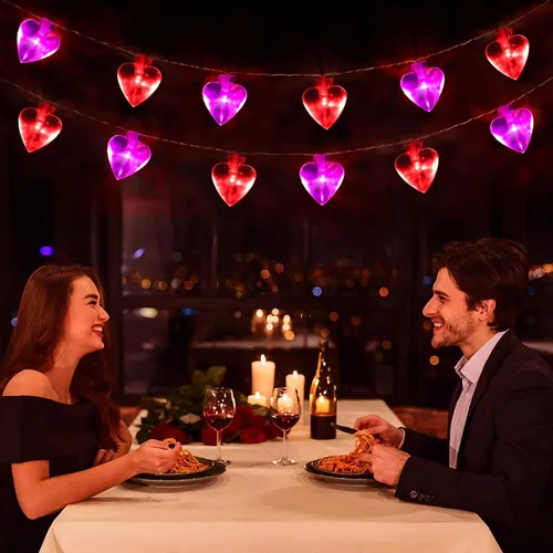 Vista 8 de Ohwewant 50 luces LED rojas y rosas de San Valentín, temporizador de 8 modos, funciona con pilas, guirnalda de luces de corazón de San Valentín