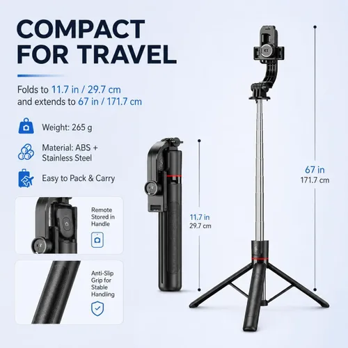 Vista 8 de Trípode desmontable para teléfono de 67 pulgadas, palo para selfie, portátil, extensible, cámara estable, fácil de selfie, con control remoto